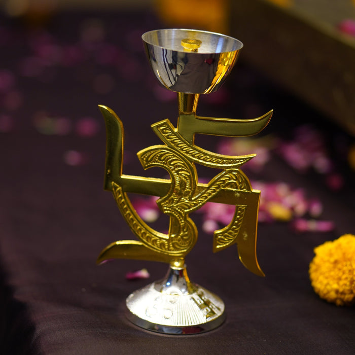 Brass Swastik Oil Lamp [Deepak] - Brass Globe -