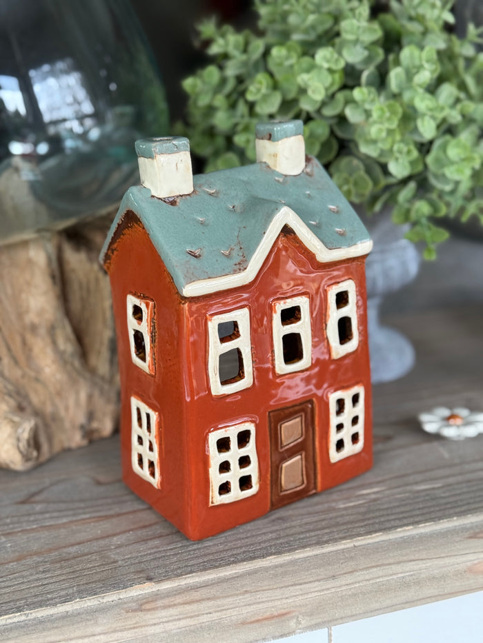Burnt Orange Ceramic Townhouse Candle Holder
