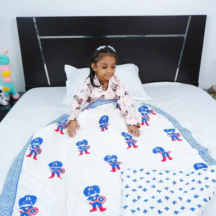 Hand Block Printed Kid's Cotton Quilt - Captain America - Tarvik