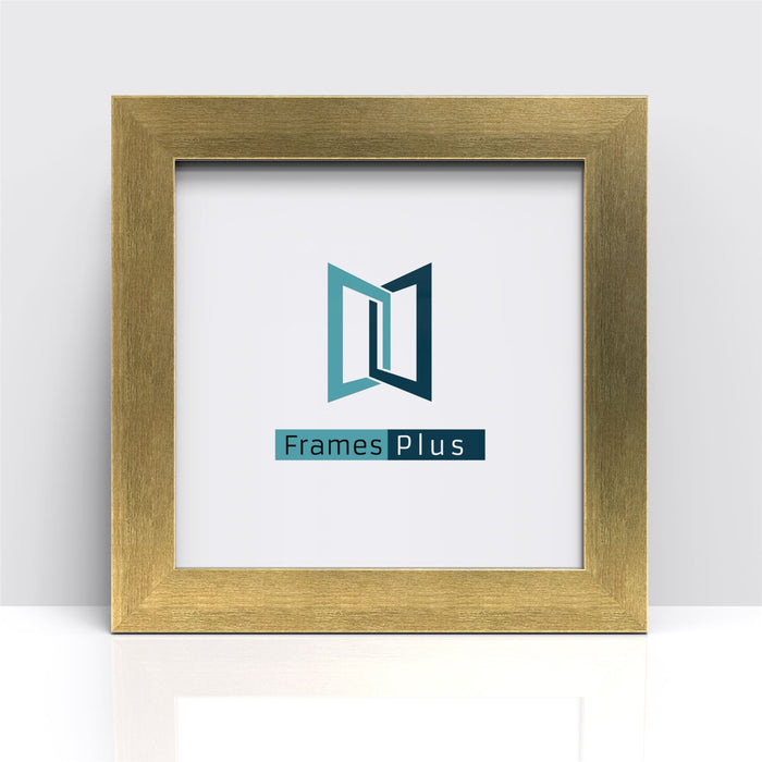 Gold picture and poster frame showcasing Frames Plus logo design in modern style.