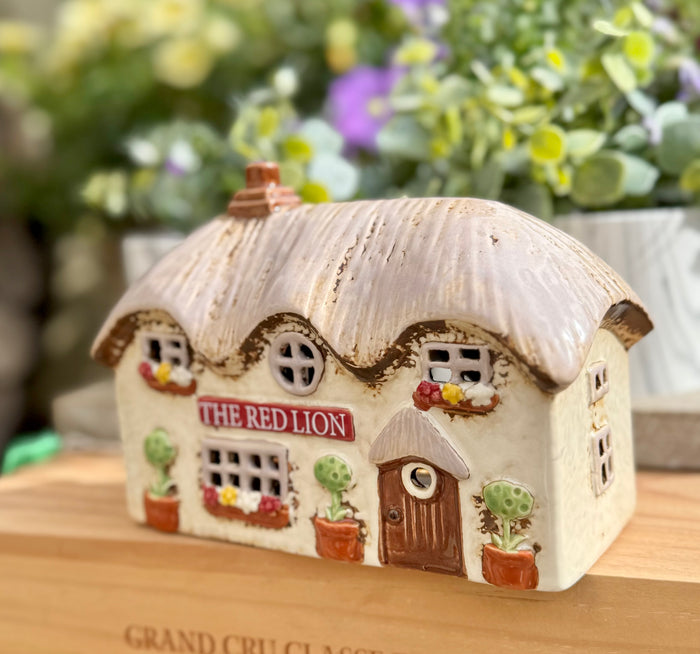 Ceramic Grey Village Red Lion Pub Candle Holder