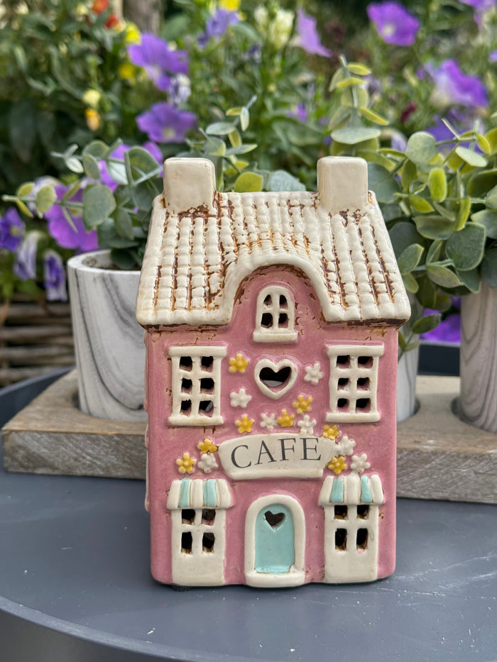 Ceramic Pink Village Cafe Candle Holder