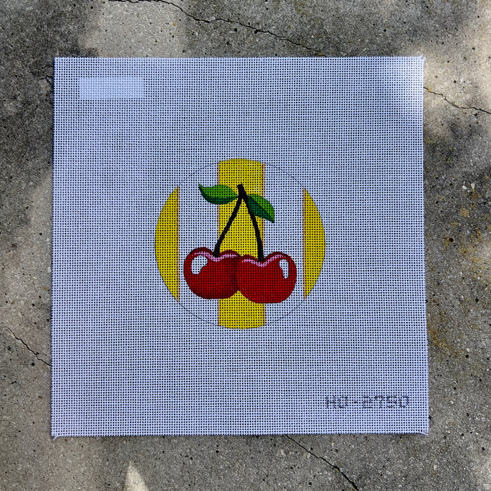 Cherries on Yellow Stripes 4" Round