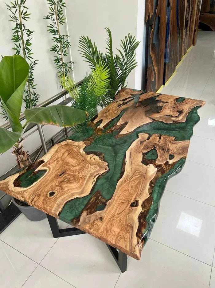 Curvy Green Pearl Resin Dining Table | Unique Dining Furniture with legs - Pacific Resin Art