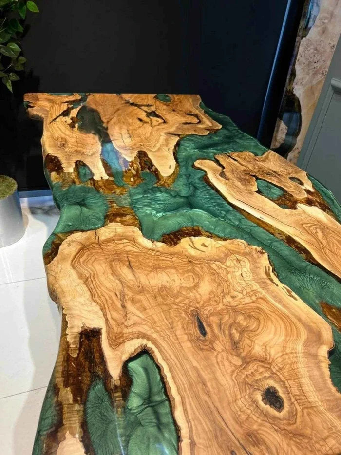 Curvy Green Pearl Resin Dining Table | Unique Dining Furniture with legs - Pacific Resin Art