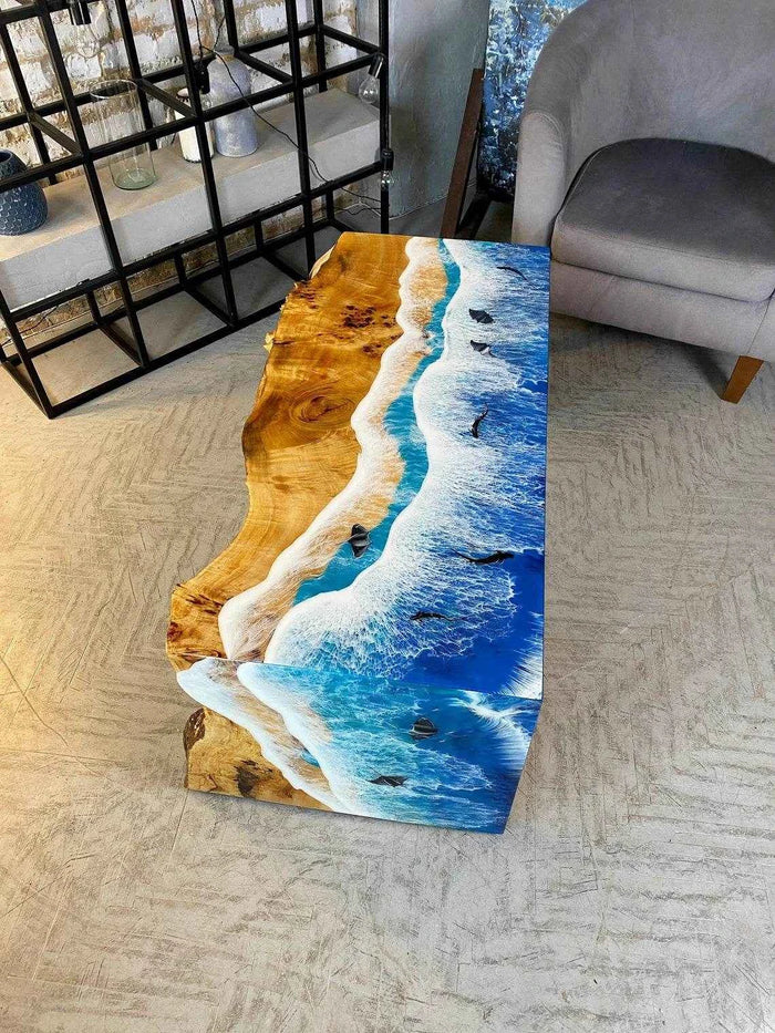 Curvy Ocean Wooden Resin Coffee Table | Elegant Epoxy resin art table for Home Decor - Pacific Resin Art
