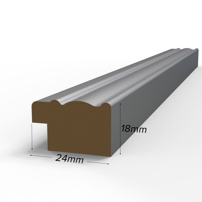 Close-up of the Devon Range silver picture frame profile, showcasing dimensions of 24mm width and 18mm depth.