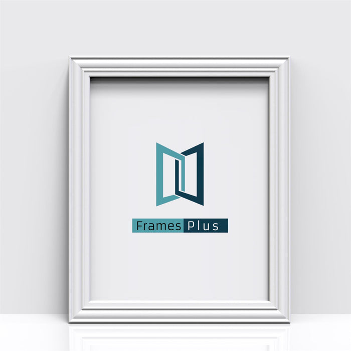 White picture and poster frame showcasing the Frames Plus logo in a clean and modern design.