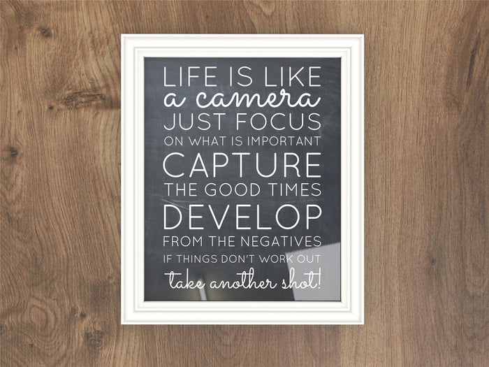 White picture and poster frame displaying a motivational quote about life and photography.