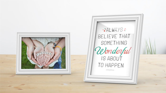 Devon Range white picture and poster frame displaying a photo and motivational quote on a wooden table.