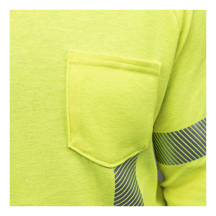 Close-up of the NSA DRIFIRE Helix FR Long Sleeve Hi-Vis T-Shirt Class 3 TEE-HXC3 in yellow-green, featuring a chest pocket, two reflective sleeve bands, and built-in FR protection for enhanced safety.