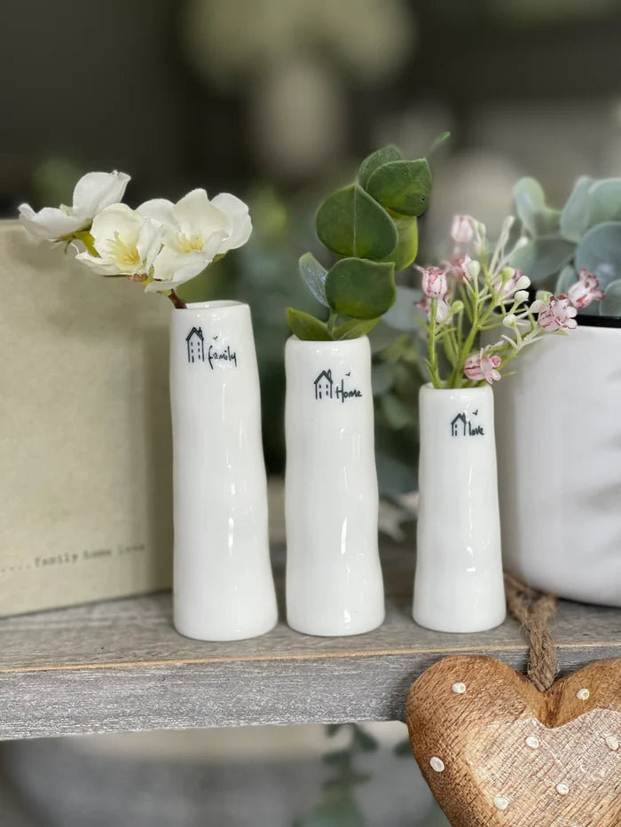 East Of India Set of 3 Porcelain Bud Vases - Home, Family, Love