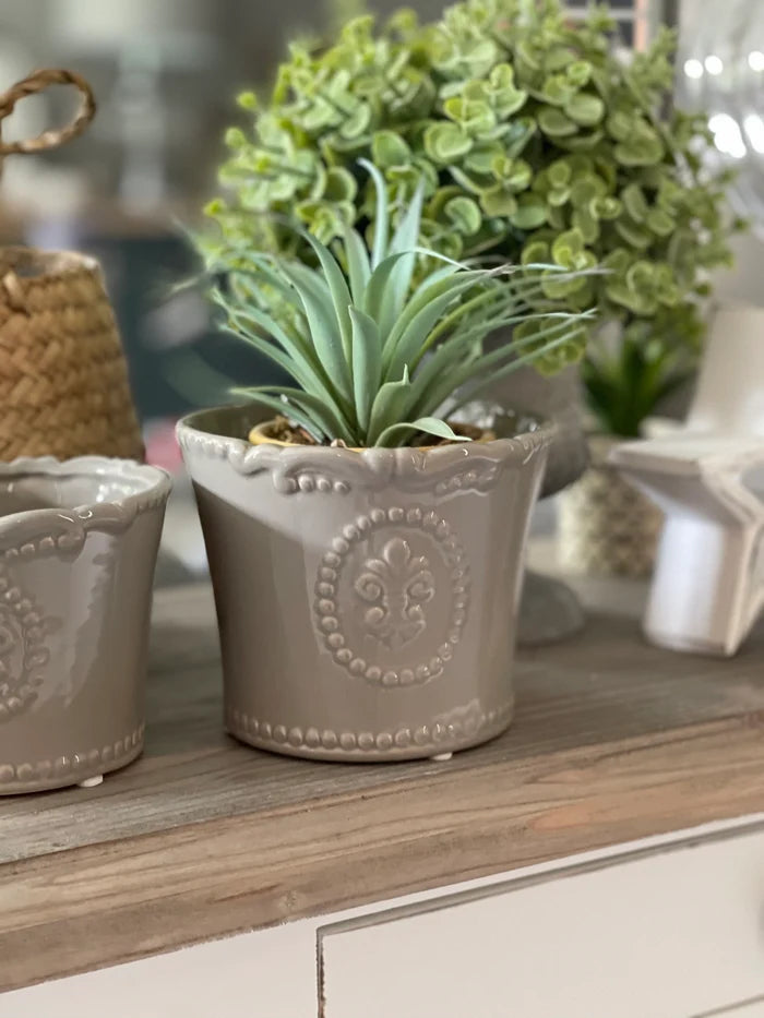 Embossed Grey Fleur De Lis Pot - 2 Sizes