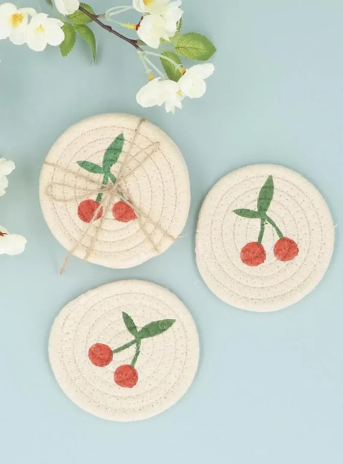 Fabric Round Coaster with Cherries - pack of 4
