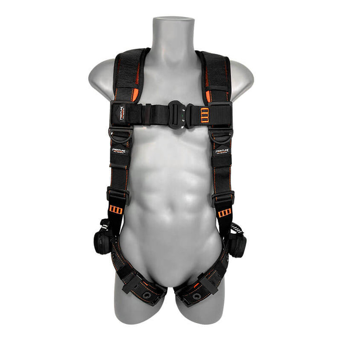 A black and orange Frontline Combat Lite Vest Harness Aluminum HW & Straps by Frontline Fall Protection is shown on a gray, headless mannequin, highlighting its adjustable shoulder, chest, and leg straps with buckles for safety.