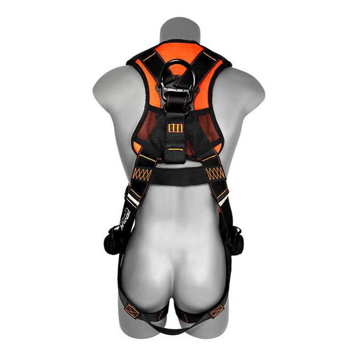 A mannequin displays the Frontline Fall Protection Combat Lite Vest Harness Aluminum HW & Straps in orange and black, shown from the back. The harness includes adjustable straps, aluminum hardware, and suspension trauma straps for added safety.