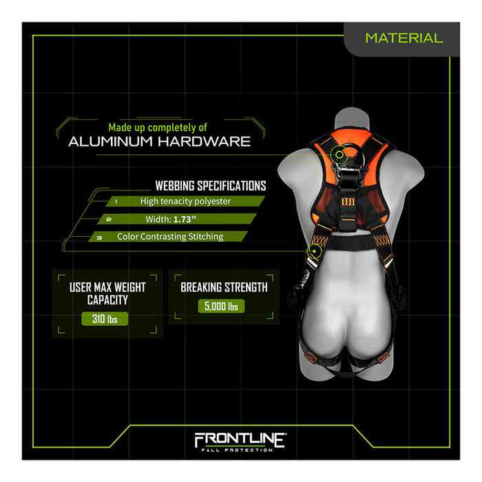 A Frontline Fall Protection Combat Lite Vest Harness Aluminum HW & Straps on a mannequin, featuring aluminum hardware, 1.73" high tenacity polyester straps, contrast stitching, fall protection, trauma straps, and 310 lbs max user weight.