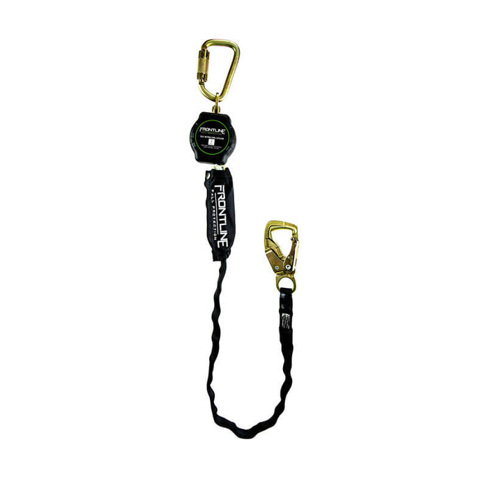 The Frontline Fall Protection Tie Back Single Leg Web 9' SRL features a steel snap hook, carabiner, and durable black webbing, offering lightweight and reliable fall protection for secure attachment on job sites.