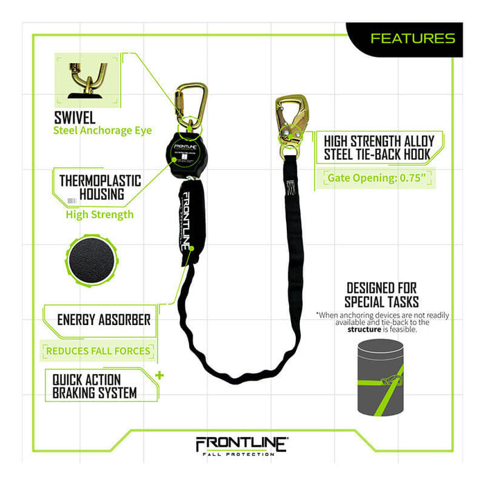 The Frontline Fall Protection Tie Back Single Leg Web 9' SRL with steel snap hook features a swivel anchorage eye, alloy steel tie-back hook, lightweight lifeline, thermoplastic housing, energy absorber, and quick action braking for reliable fall protection.