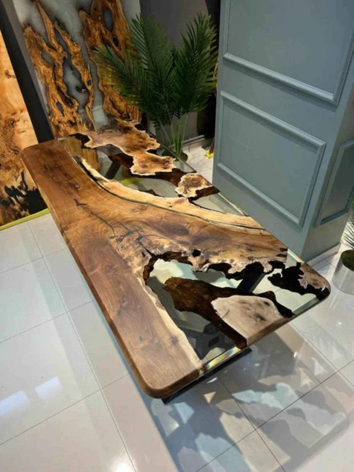 Frosted Transparent Wooden Resin Dining table with legs - Pacific Resin Art