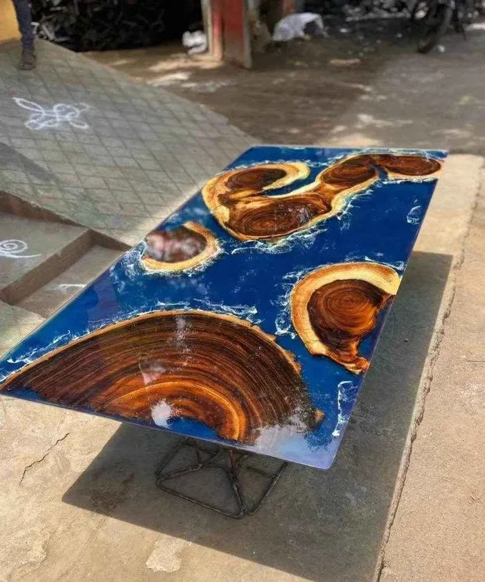 Gilded Wave Blue Resin Dining Table for Your Space with legs - Pacific Resin Art