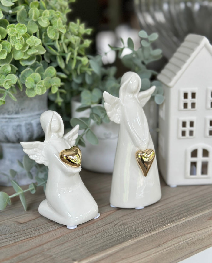 Glossy White ceramic glazed Angel with Gold Heart - 2 Sizes Available