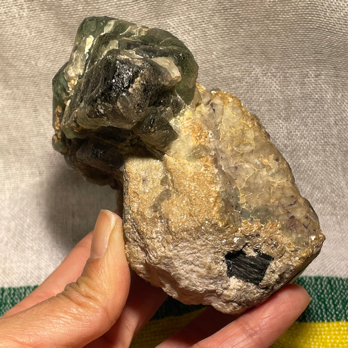 Green and Light Purple Fluorite on Feldspar Matrix with Mica and Black Tourmaline, Erongo Region , Namibia, Namibian Mineral