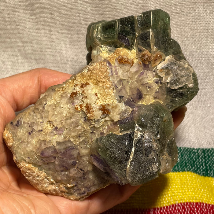 Green and Light Purple Fluorite on Feldspar Matrix with Mica and Black Tourmaline, Erongo Region , Namibia, Namibian Mineral
