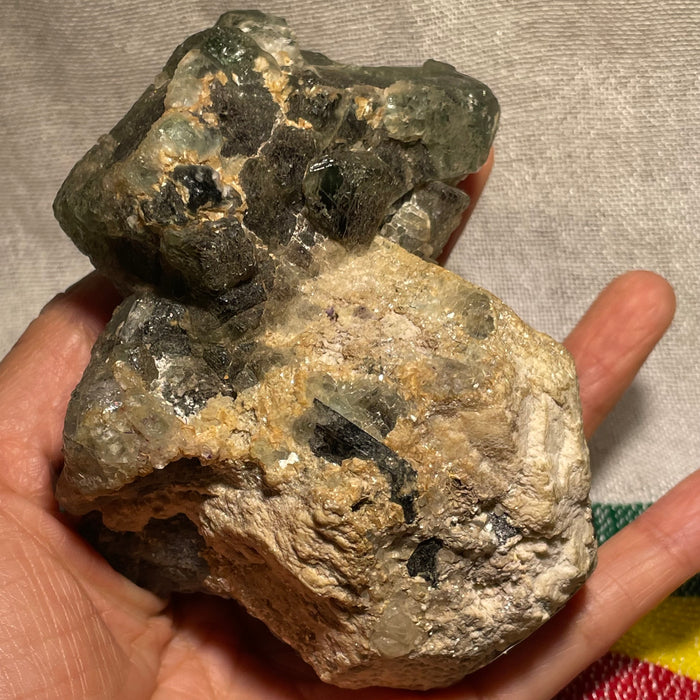 Green and Light Purple Fluorite on Feldspar Matrix with Mica and Black Tourmaline, Erongo Region , Namibia, Namibian Mineral