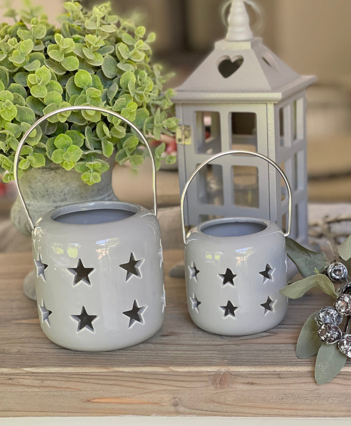 Grey Ceramic Star Cut Lantern - 2 Sizes Available