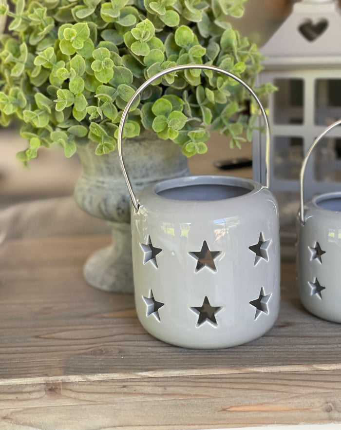 Grey Ceramic Star Cut Lantern - 2 Sizes Available