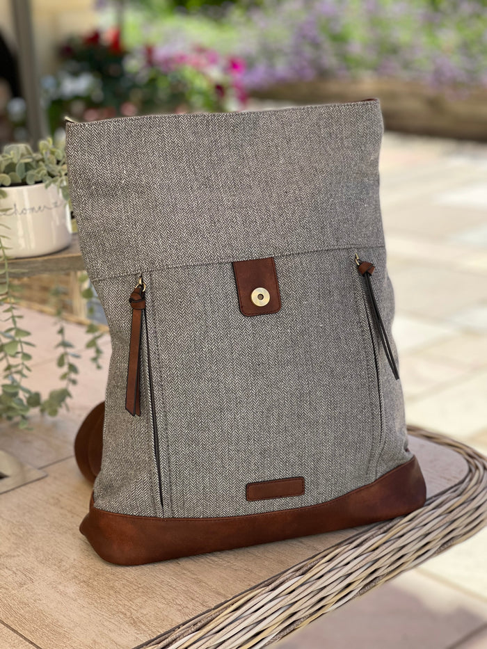Grey Herringbone Rucksack/Backpack