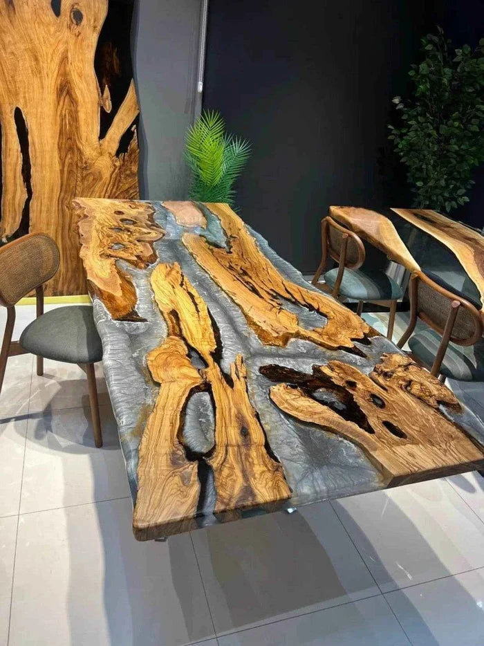 Grey Pearl Resin Art Dining table | Luxury Wooden Dining Table with legs - Pacific Resin Art