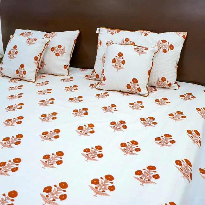 Hand Block Printed Cotton Bedding Set  of 5 Pieces- Red Floral Buta (90x108 inches)