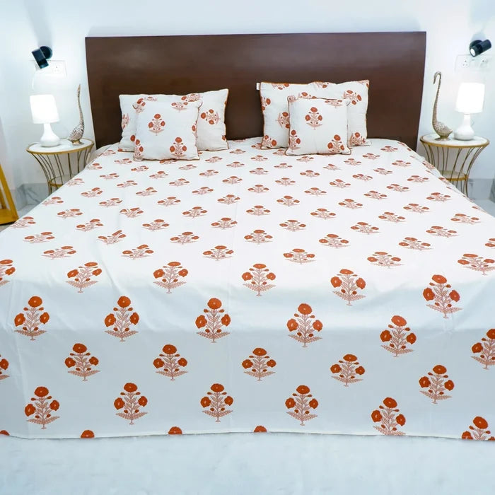 Hand Block Printed Cotton Bedding Set  of 5 Pieces- Red Floral Buta (90x108 inches)