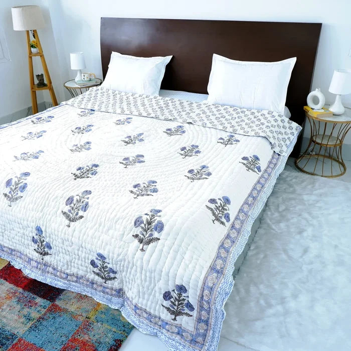 Hand Block Printed Jaipuri Cotton Quilt - Blue Floral Buta (90X108 Inches)