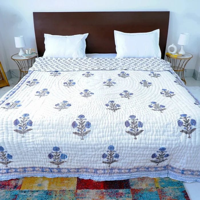 Hand Block Printed Jaipuri Cotton Quilt - Blue Floral Buta (90X108 Inches)