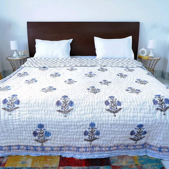Hand Block Printed Jaipuri Cotton Quilt - Blue Floral Buta (90X108 Inches)