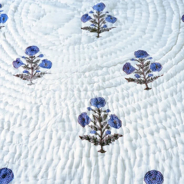 Hand Block Printed Jaipuri Cotton Quilt - Blue Floral Buta (90X108 Inches)