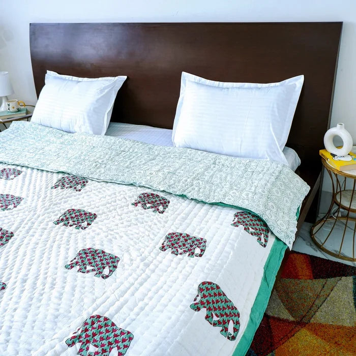 Hand Block Printed  Jaipuri Cotton Quilt - Haathi Jaal Motif (90X108 Inches)