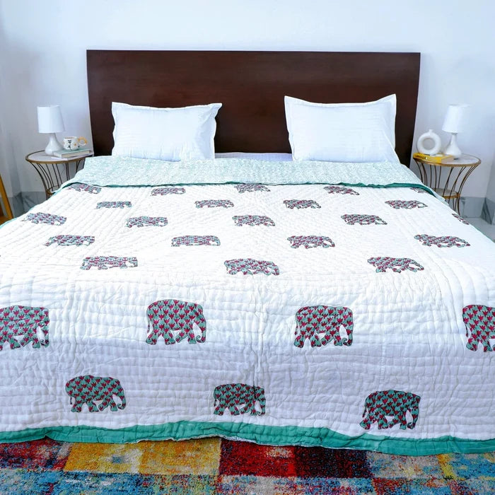 Hand Block Printed  Jaipuri Cotton Quilt - Haathi Jaal Motif (90X108 Inches)