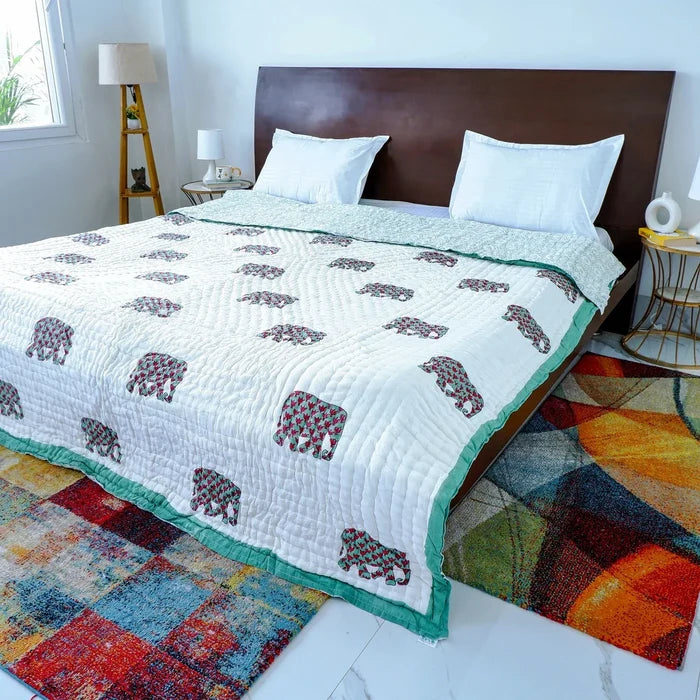 Hand Block Printed  Jaipuri Cotton Quilt - Haathi Jaal Motif (90X108 Inches)