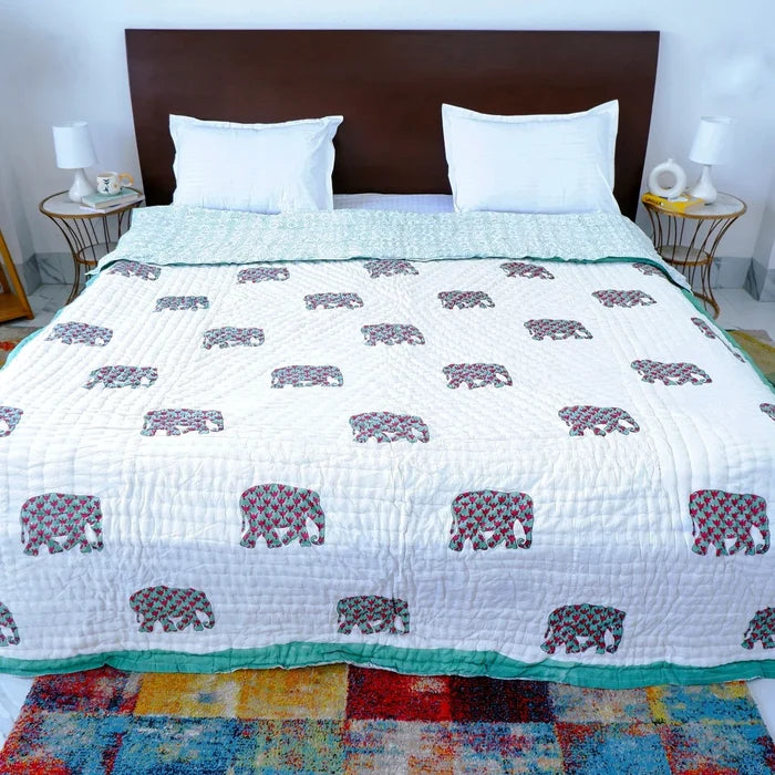 Hand Block Printed  Jaipuri Cotton Quilt - Haathi Jaal Motif (90X108 Inches)