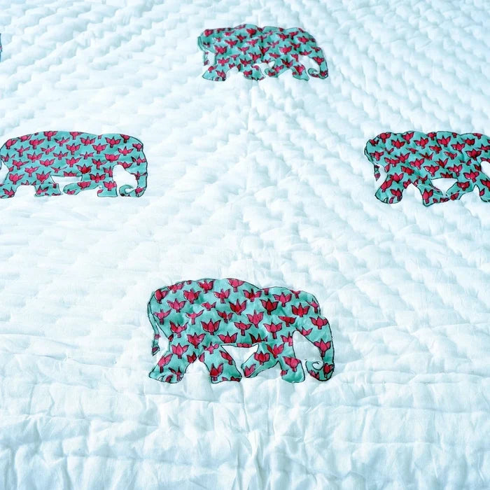 Hand Block Printed  Jaipuri Cotton Quilt - Haathi Jaal Motif (90X108 Inches)