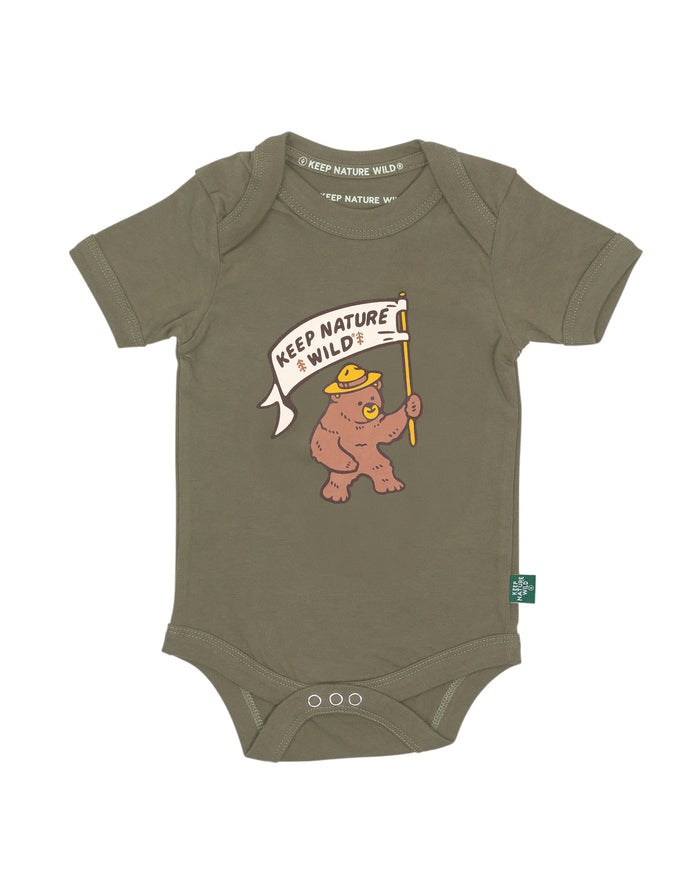 Happy Camper Bear Baby Bodysuit | Olive