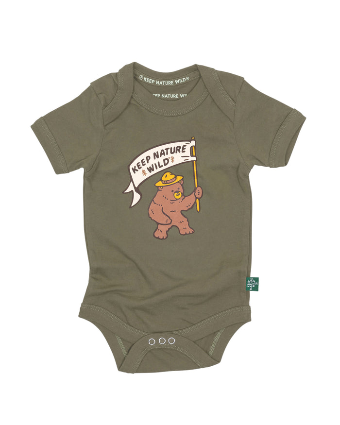 Happy Camper Bear Baby Bodysuit | Olive