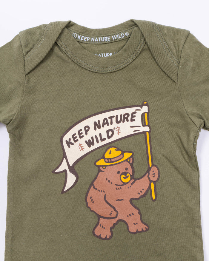 Happy Camper Bear Baby Bodysuit | Olive