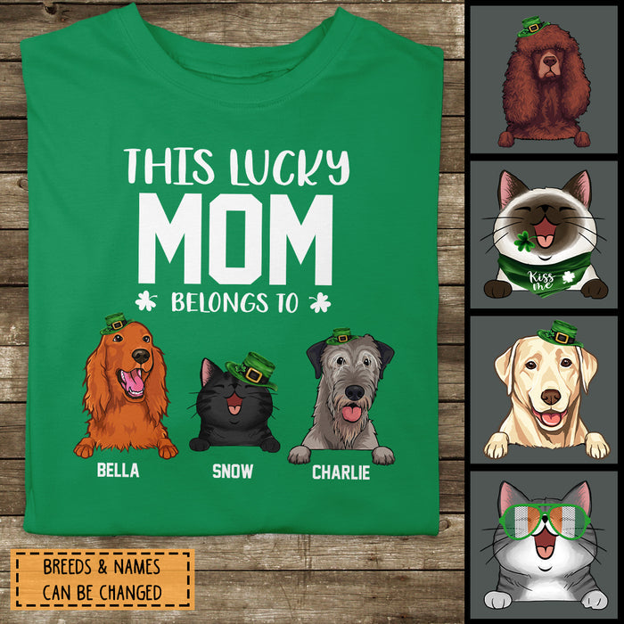 Happy St. Patrick's Day, This Lucky Mom Belongs To, Personalized Dog & Cat Breeds T-shirt, Gifts For Pet Lovers