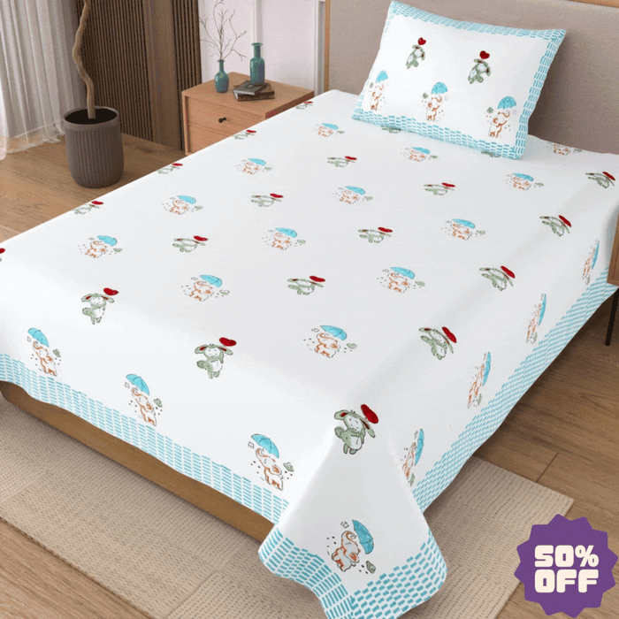 Happyland Block Printed Kids Cotton Bedsheet - Single Bed Size (60X90 Inches)