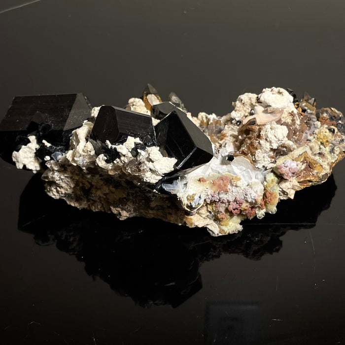 Self-Standing Black Tourmaline Crystal with Feldspar and Hyalite , from Erongo Mountain, Erongo Region, Namibia
